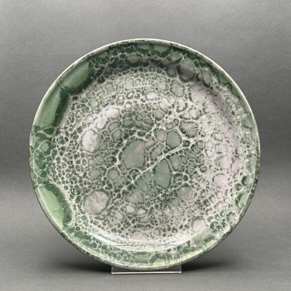 Handcrafted Green Pink Ceramic Plate With Oil & Water Iridescent Glaze - Picture 1 of 8